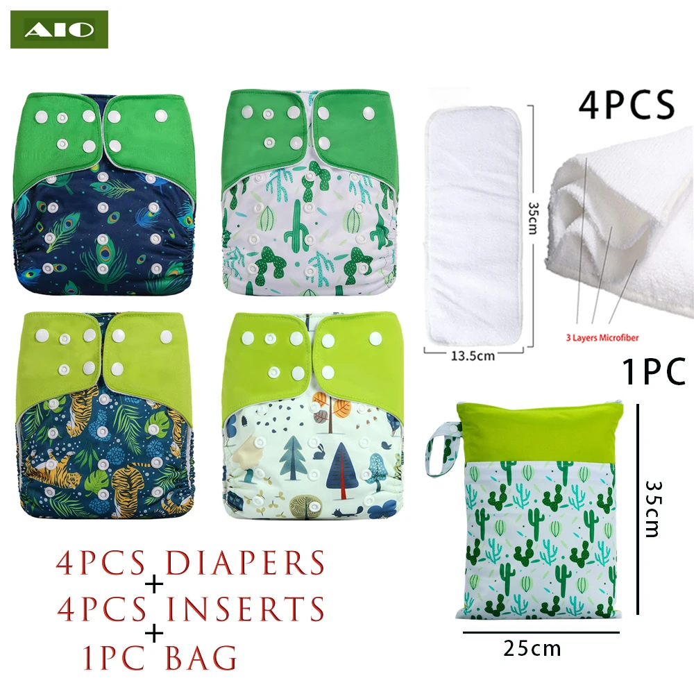 

[AIO] 4 diapers+4 Inserts + 1 Wet Bag Baby Cloth Diapers Adjustable Washable Reusable Pocket Eco Nappies For Girls and Boys babi