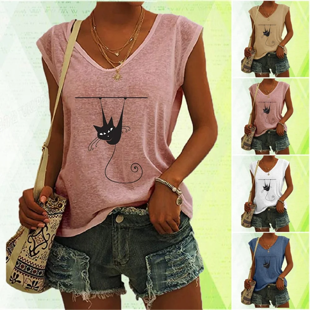 

Women Fashion Tank Top Cat Printed T-shirt Summer V Neck Sleeveless Shirt Casual Vest Top Ladies Loose Tank Top