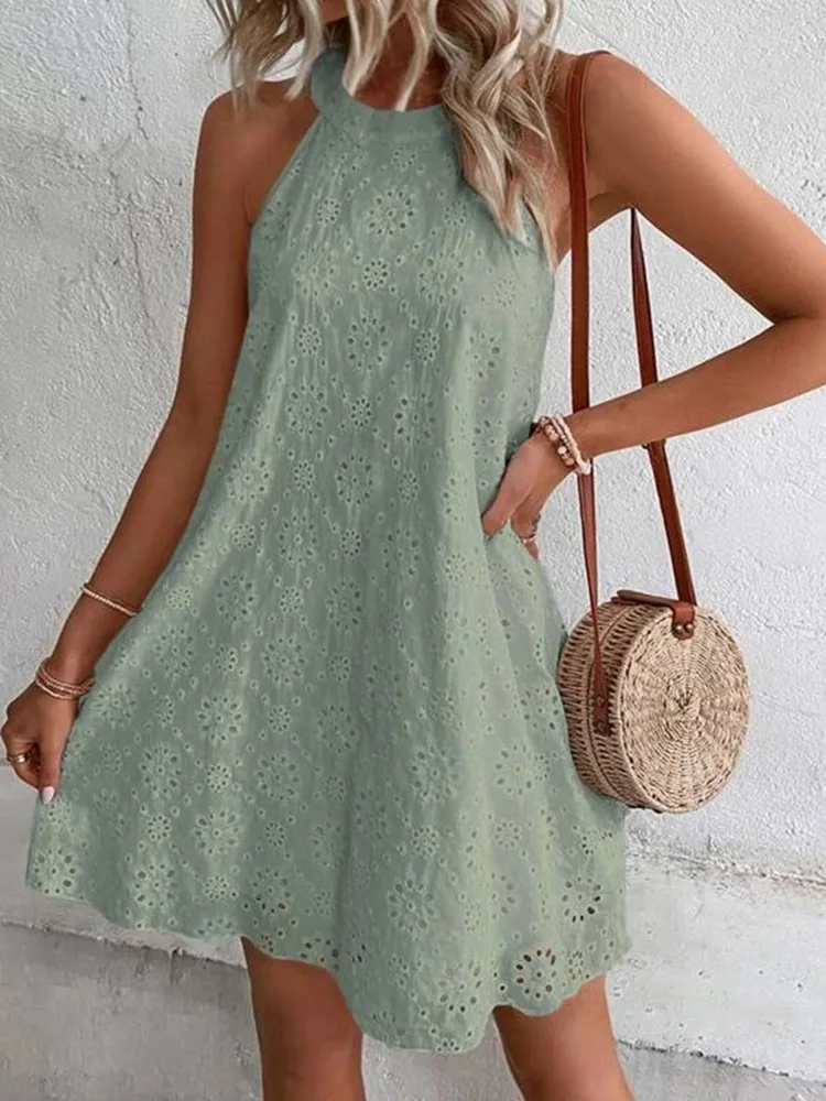 

Женское свободное мини-платье с круглым вырезом, без рукавов