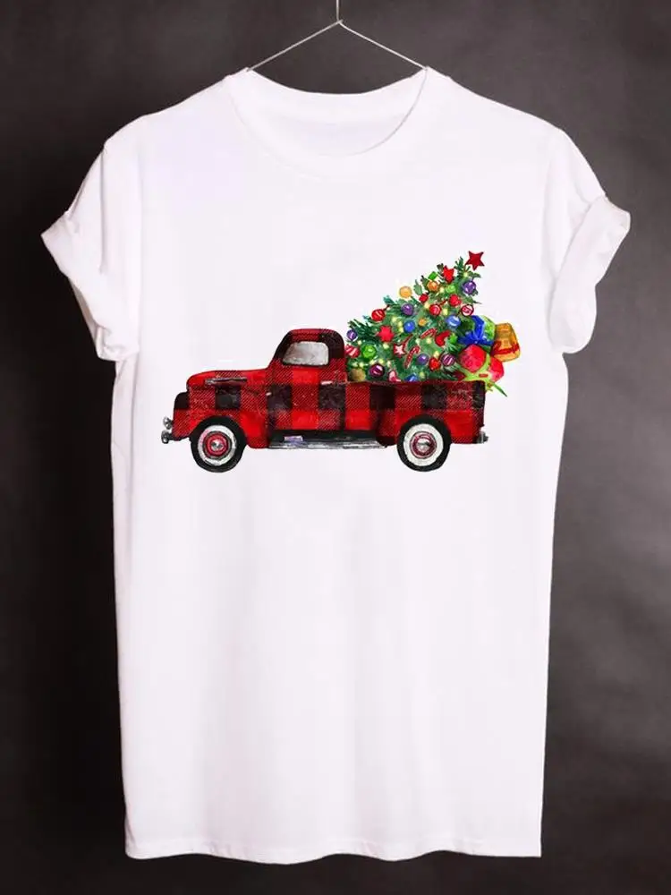 

Футболка с графическим рисунком, праздничная Рождественская одежда, клетчатая футболка с грузовиком, милая стильная женская одежда, модная...