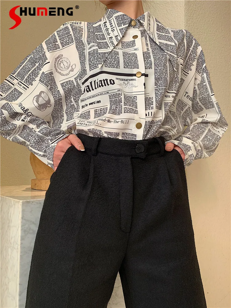 

Women Shirt Luxury Original Personality Newspaper Printed Shirts Loose Women's Letter Single-breasted Shirts Mid-Length Top