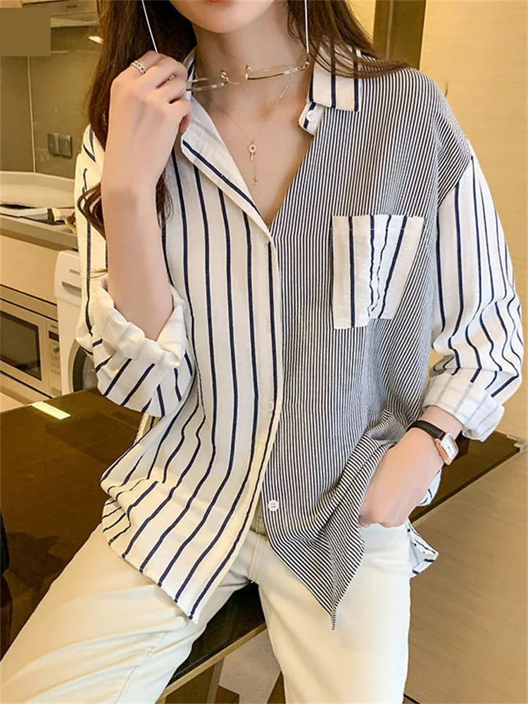 

2022 Office Lady Turn-down Collar Pocket Asymmetrical Hot Selling Long Sleeve Blouses Spring Autumn Straight Shirt Women Clothes