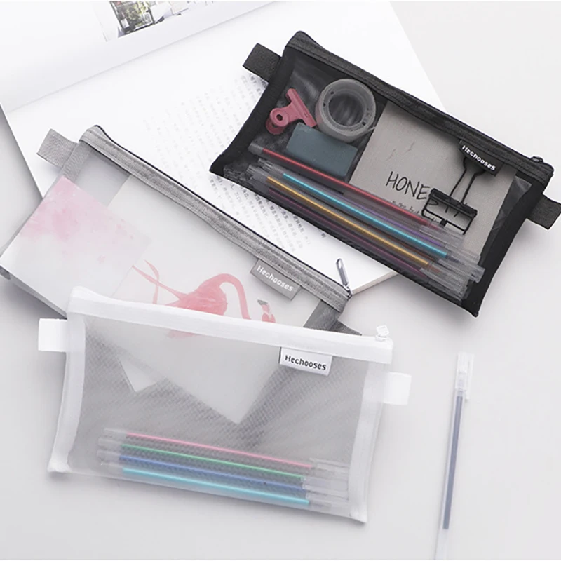 

2Pcs Pencil Bags Simple Transparent Mesh Large Capacity Portable Nylon For Student Pencil Storage Stationery School Supplies