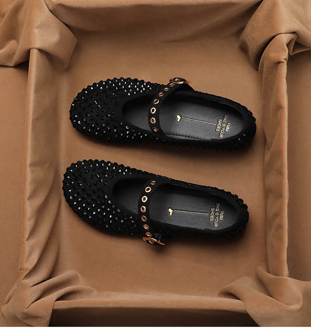 Фото Винтажные туфли SHOEBOX Mary Jane со стразами для женской летней коллекции, на плоской подошве, в стиле ретро, французские, с мягкой подошвой, одинарные. №4