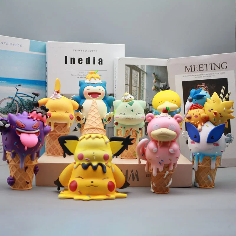 

Anime Pikachu Bulbasaur Psyduck Snorlax Slowpoke Gengar Pokemon Action Figures Toy Ice Cream Series Cartoon Model Doll Ornaments