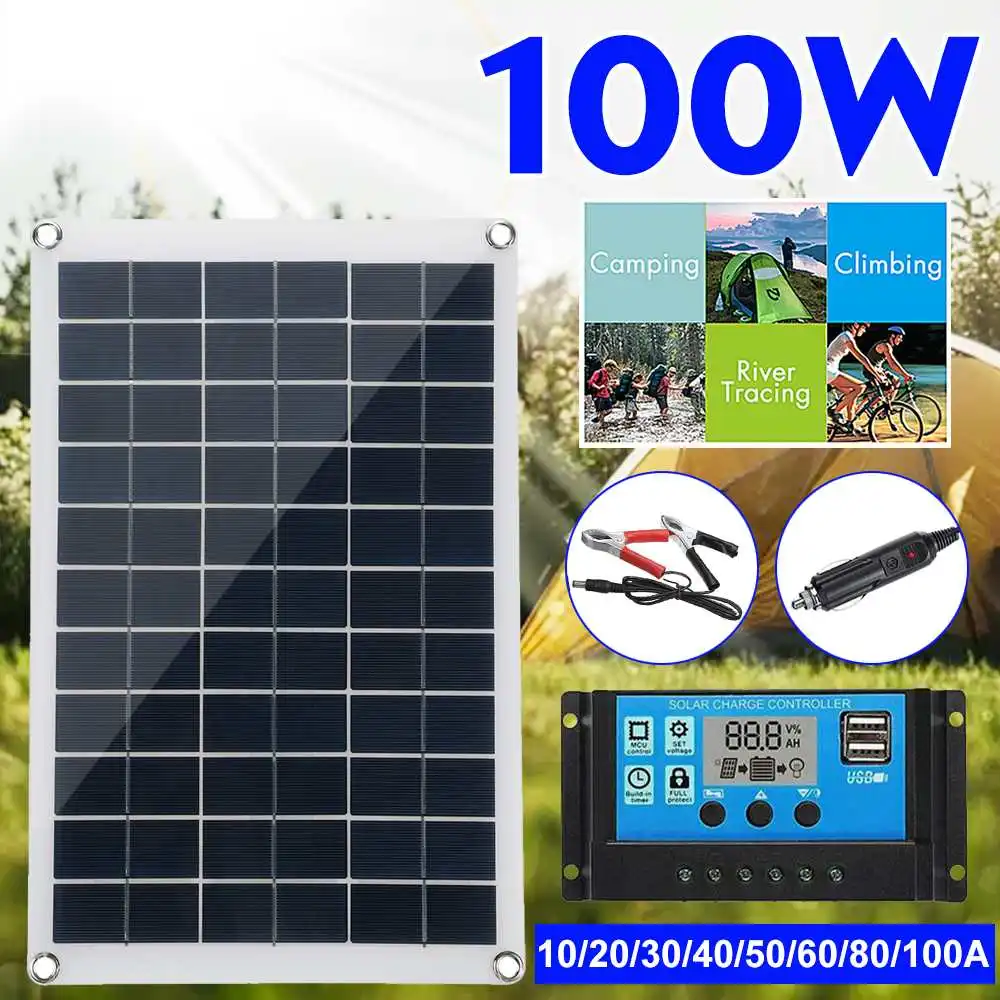 

100W Solar Panel Kit 12V Battery Charger 10-100A LCD Display Controller For Caravan Van Boat Outdoor Camping Rechargeable Power