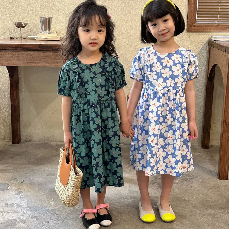 

Summer Kids Dress Floral Puff Sleeve Baby Girl Cotton Casual Dresses Girls Clothes