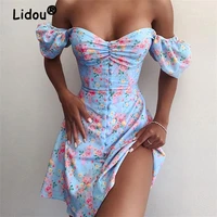 2022 summer floral puff sleeve women off shoulder bodycon dress ladies fashion party elegant sexy backless beach mini dresses