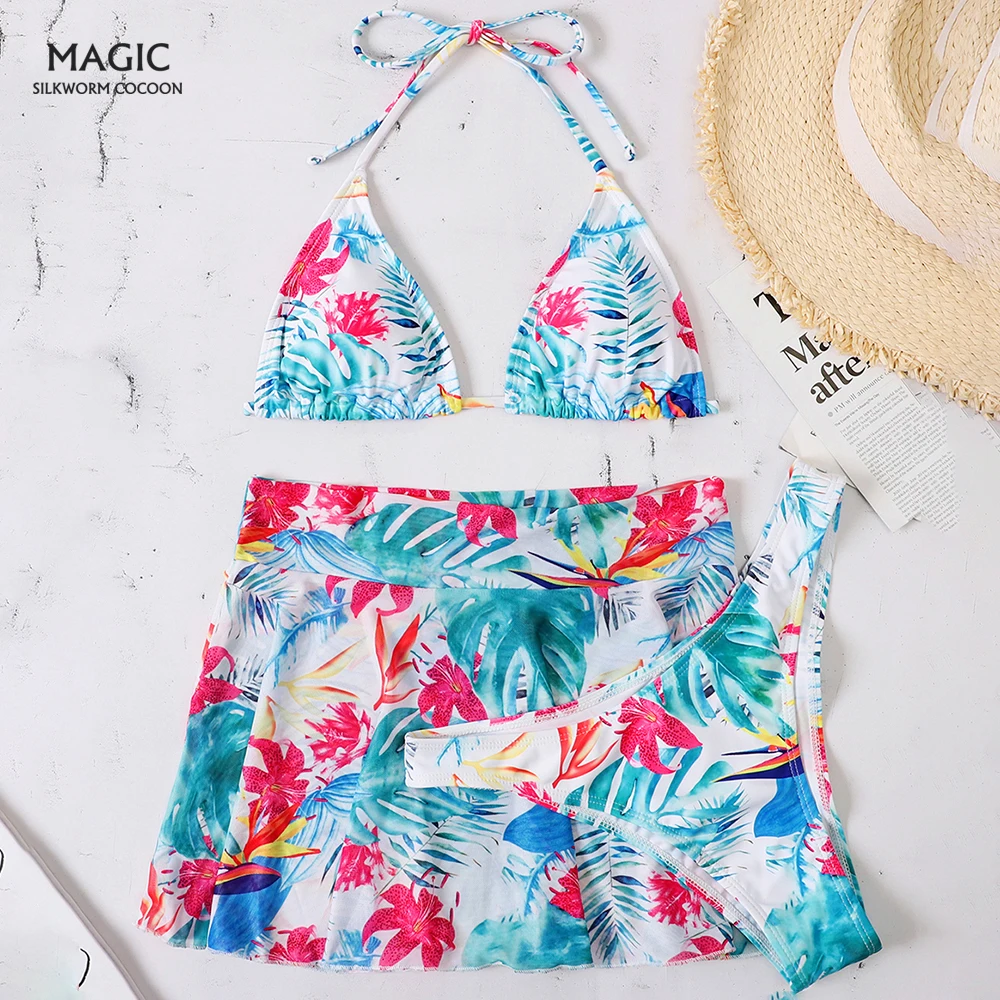 

Pink Floral Print Bikini Swimwear Women Push Up Padded with Mesh Skirt 3 Piece Swimsuits Summer Bathing Suit High Waist Biquini