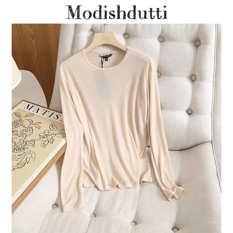 

Modishdutti 2022 Autumn Women Fashion Long Sleeve Round Neck Bottoming T-shirt Female Solid Slim Simple Casual Tee Tops