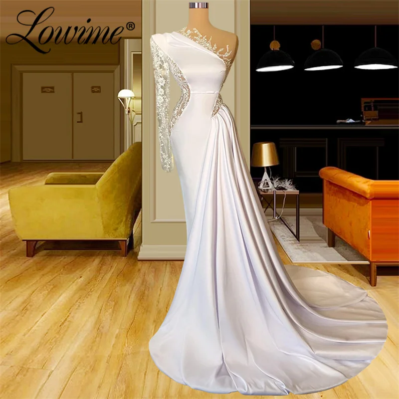 

Lowime Vintage One Shoulder Prom Dresses Long Mermaid Lace Applique Beading Evening Gowns Middle East Women Arabic Party Dresses