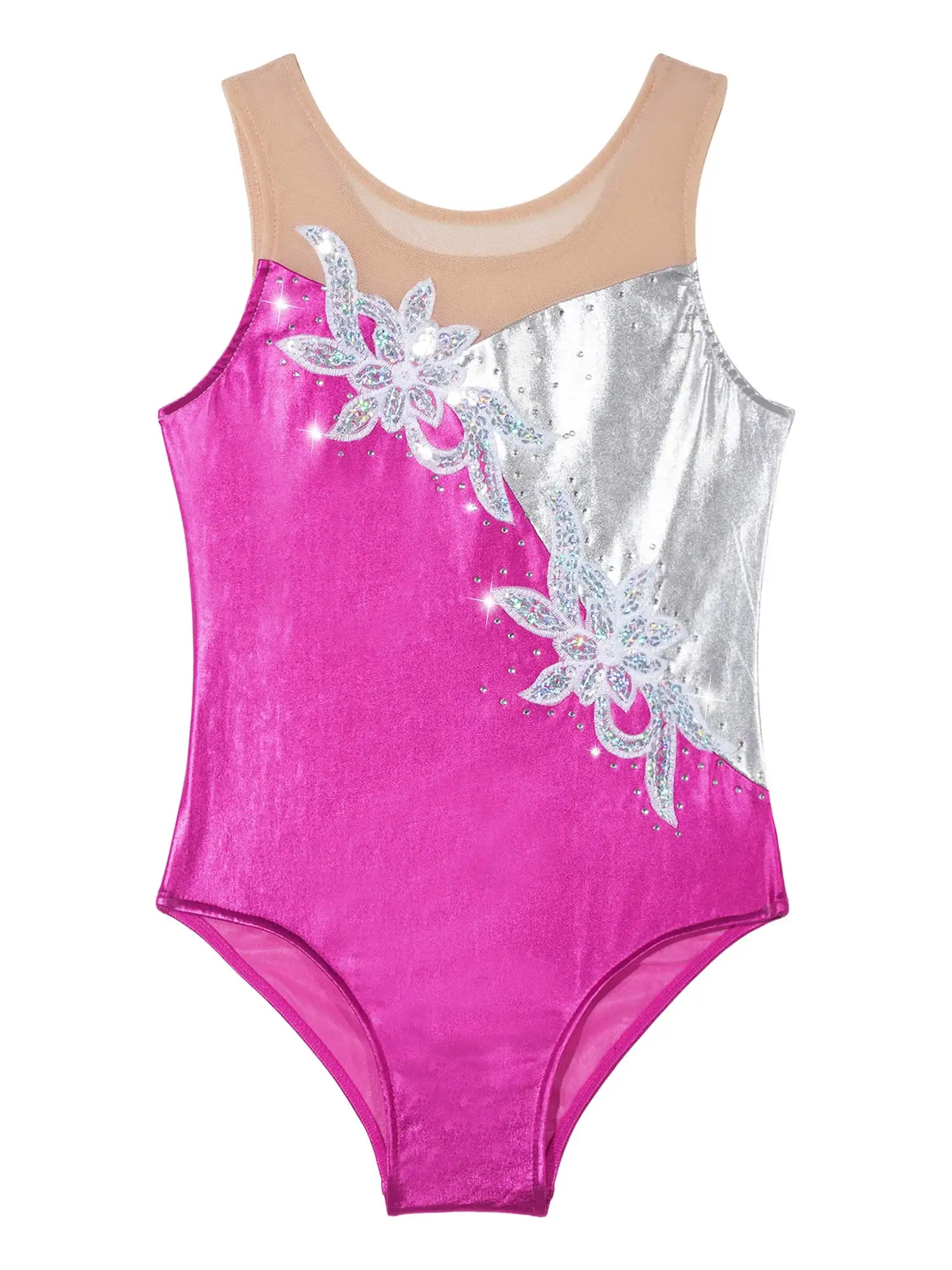 Kids Girls Sleeveless Mesh Patchwork Glittering Sequins Faux Diamonds Adorned Leotard Ballet Dance Gymnastic Skating Jumpsuit