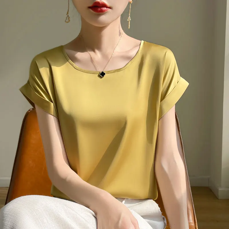 Новая летняя французская атласная скользкая женская футболка с короткими