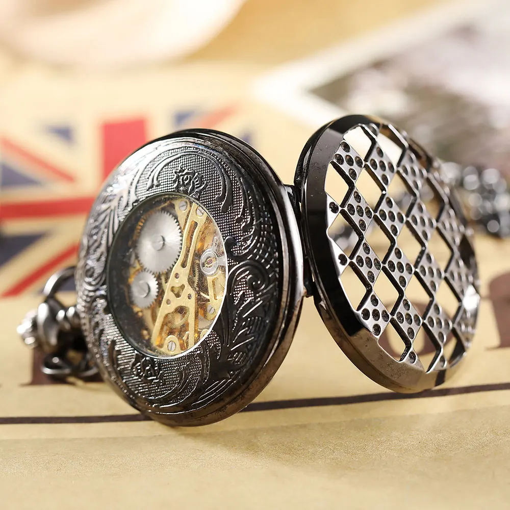 Black Hollow Case Mechanical Hand-winding Pocket Watch Men Flip Fob Chain Necklace Clock Mens Watch reloj de bolsillo
