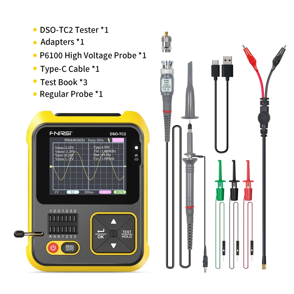 

FNIRSI 2 In 1 Digital Oscilloscope 200kHz Bandwidth Transistor Tester Testing Tool PWM Square Waves Output 2.4In with Backlight