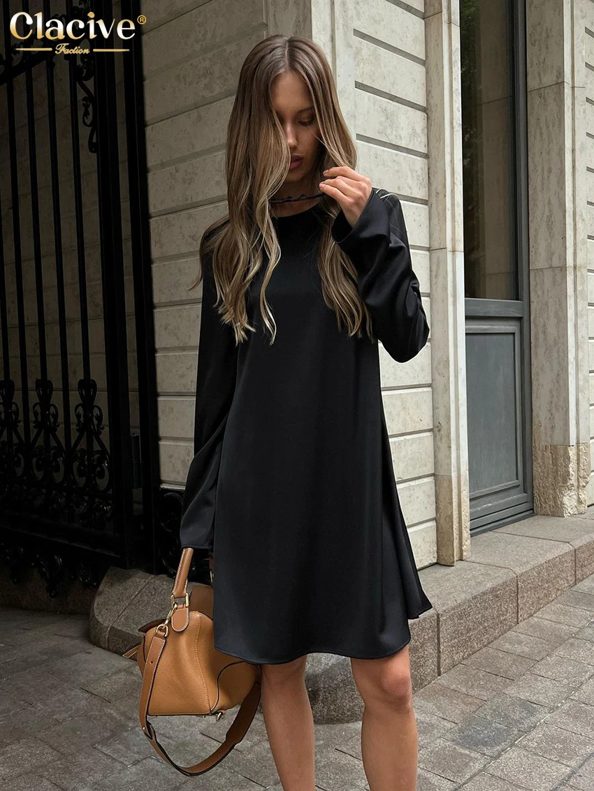 Купи Clacive Casual Loose Black Satin Dress Ladies Fashion O-Neck Long Sleeve Mini Dress Elegant Simple Office Lady Dresses For Women за 948 рублей в магазине AliExpress