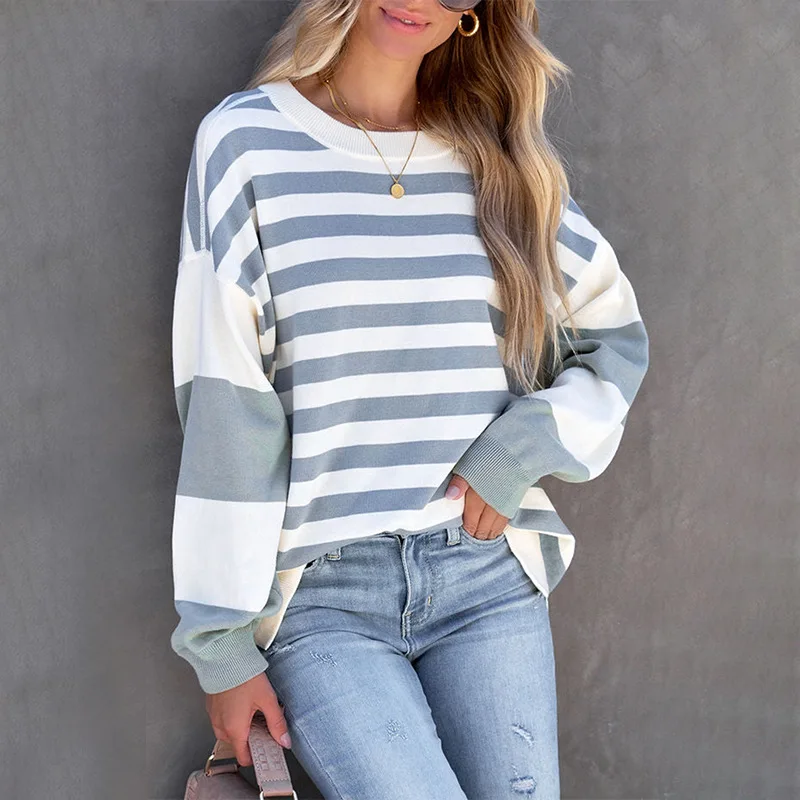 

Best-Selling Women's Winter New Fashion Cotton Puff Sleeve round Neck Striped Long Sleeve Pullover Women's Sweater