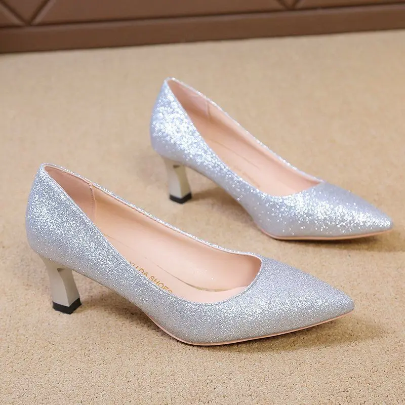 

Туфли-лодочки женские на толстом каблуке, заостренный носок, блестки, кристаллы, высокий каблук, свадебные туфли, обувь для подружки невесты, банкета, среднего каблука