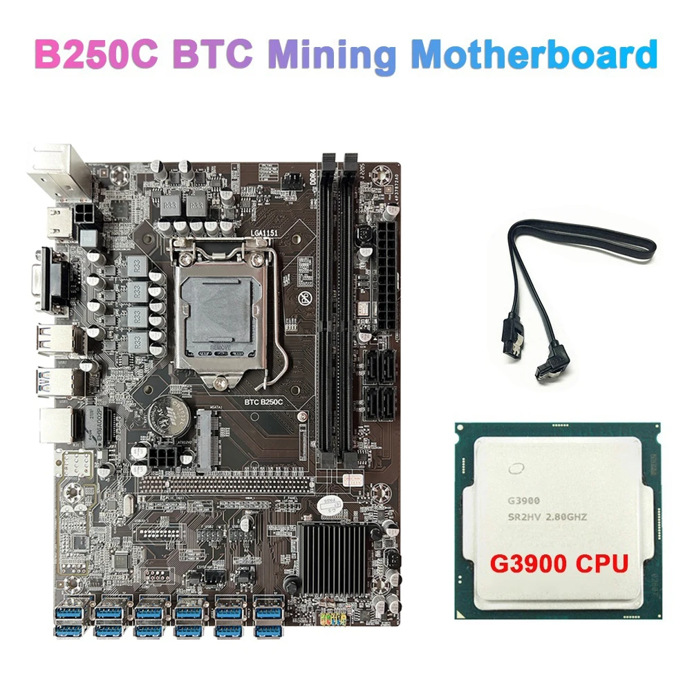 Материнская плата для майнинга BTC B250C с процессором G3900 + кабелем SATA графический