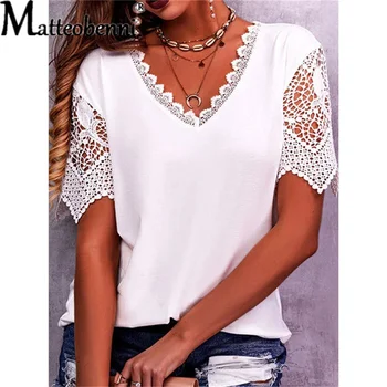 Fashion Lace Hollow Out Splicing Short Sleeve Tops Women's Summer Casual Commuter Comfortable Cotton V Neck Loose T-Shirt Female 1