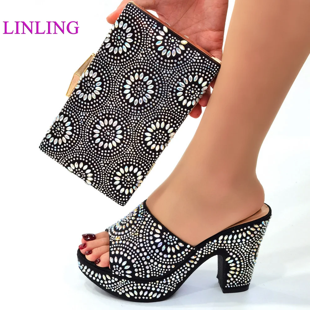 

Elegant New Coming African Black Color Shoes And Bag To Match Set Italian High Heels Party Shoes And Bag Set For Wedding Dress