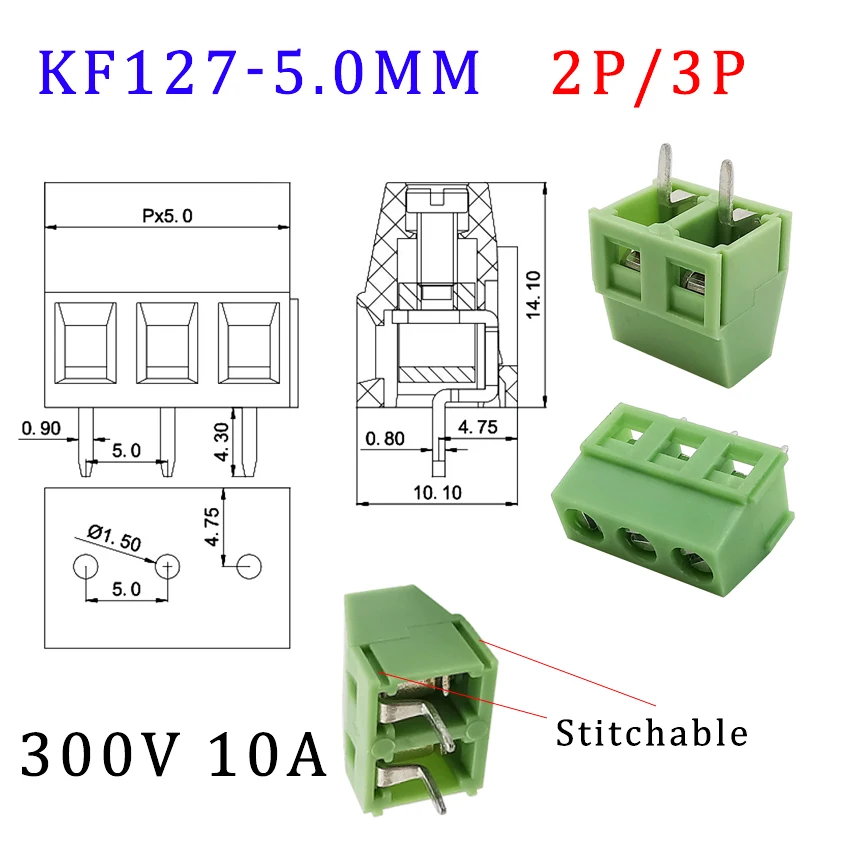 10 шт. KF127 5 0 мм шаг PCB клеммы провода блок 2Pin 3Pin сращиваемый прямой контакт винтовой