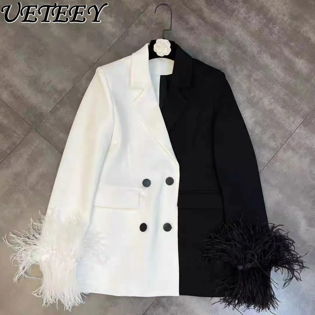 Женский пиджак из страусиного меха Хепберн черно-белый с длинным рукавом