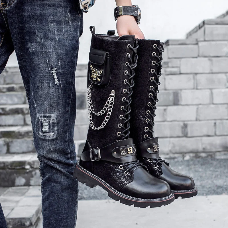 

Skeleton Martin Boots Long Tube Military Boots Men Rock Punk Shoes Motorcycle Gothic Chain Shoes Male