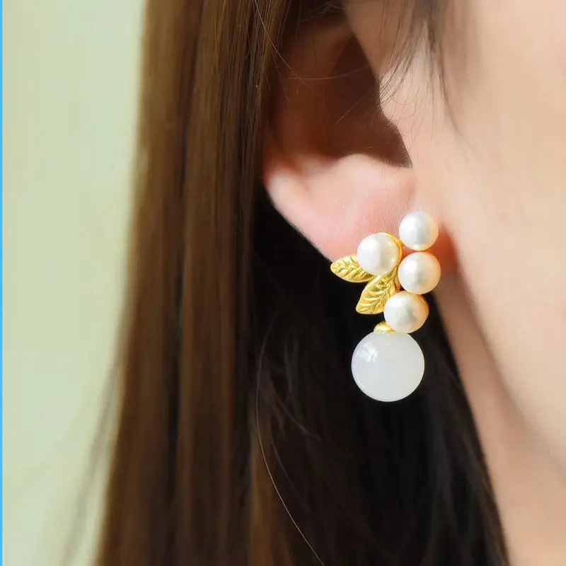 

High Quality S925 Silver Pearl Jade Earrings For Women Designer Luxury Aesthetic Vintage Ear Studs Crystal Free Shipping