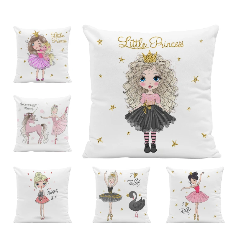 

Cartoon Style Ballet Girl Print Pillowcase Short Plush Decor Cute Dancer Pillow Case Home Office Child Cushion Cover