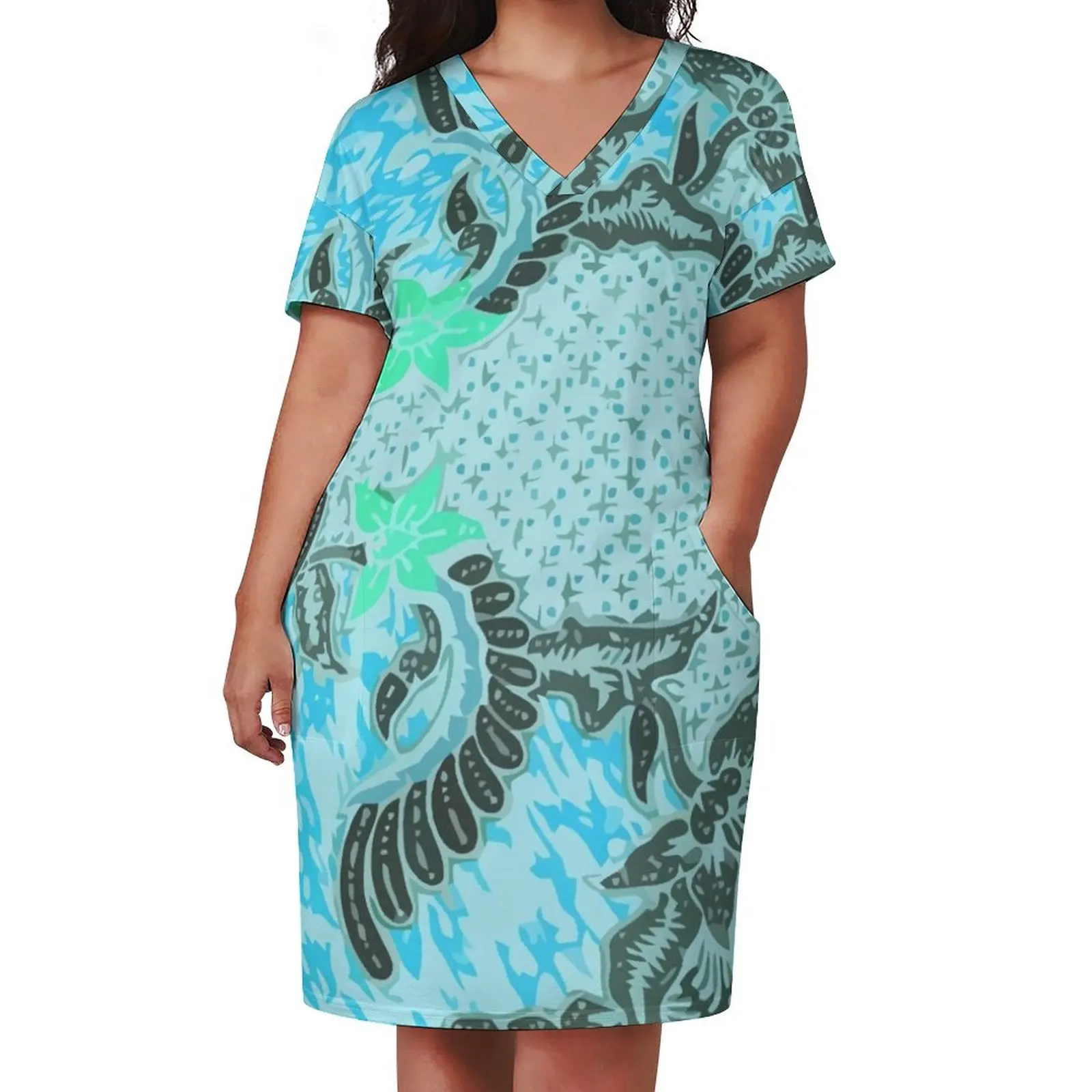 Бирюзовое свободное карманное платье Бали Батик вечерние платья элегантное