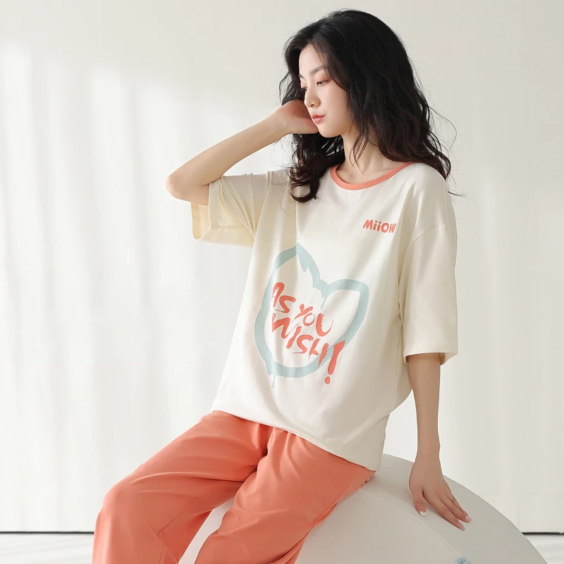 The Pajamas for Women's Summer Pure Cotton Thin Section Cool Short-sleeved Suit with Round Neck Simple and Cute Style Sleepwear