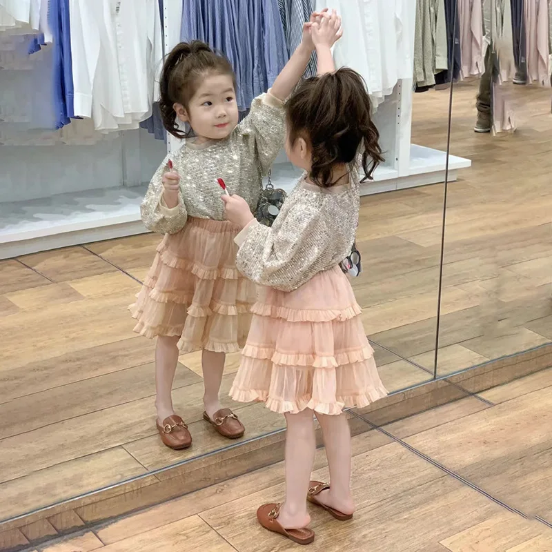 

Детская одежда 2023, весенний модный топ с блестками для девочек, сетчатая юбка-торт, темпераментная Милая юбка, костюм, детская одежда для девочек