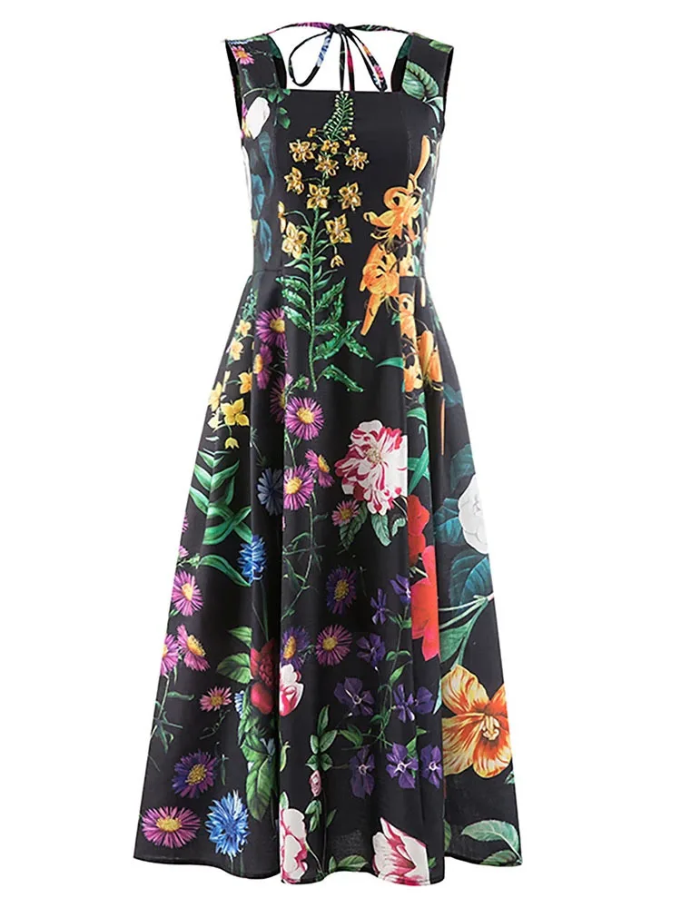 

NICEWOMEN Summer Loose Dress For Women Square Collar Sleeveless High Waist Print Colorblock Midi Dresses Female Clothing 2022