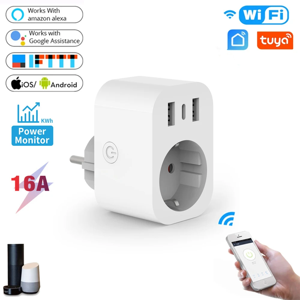 

EU Standard 4 In 1 Wifi Smart Socket Mobile App Supports Work With Alexa Google Home Smart Plug With 2pcs USB 1pc Type-C Port