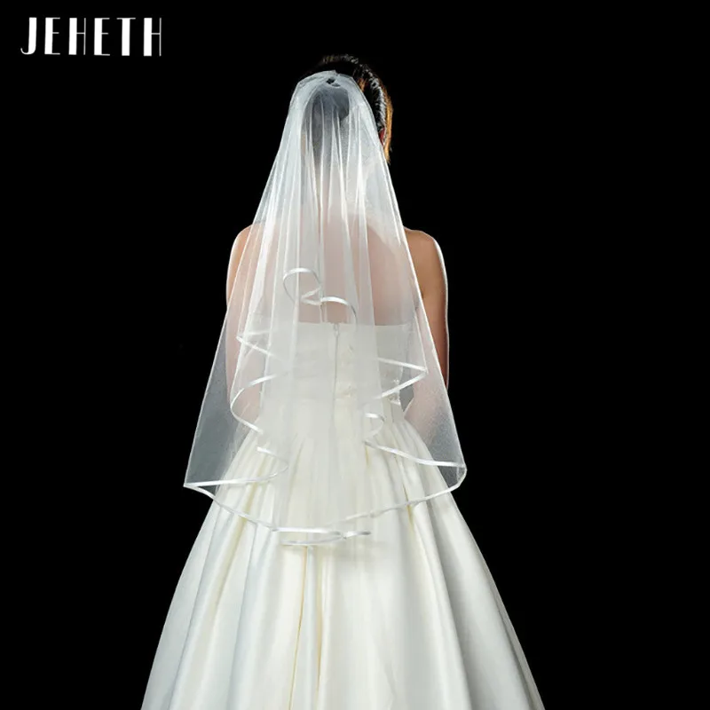 

Двухслойная свадебная фата JEHETH с металлической лентой, свадебная фата цвета слоновой кости, короткая Тюлевая, свадебные аксессуары