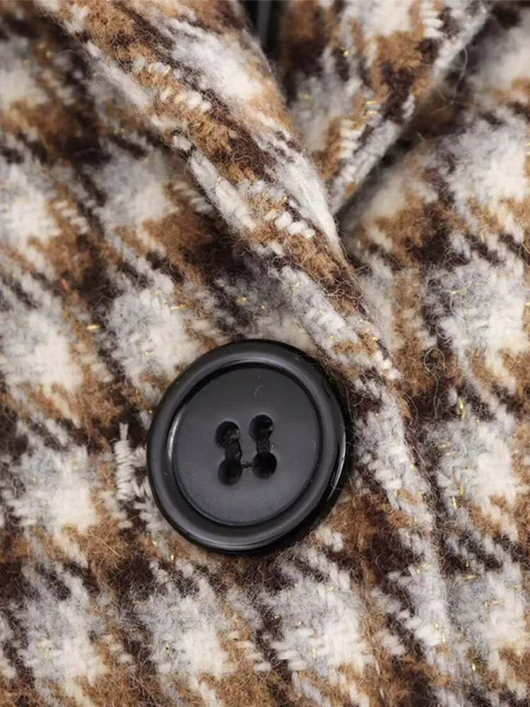 Шерстяные пальто в клетку с отложным воротником стиле ретро женские элегантные