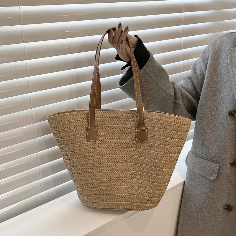 

Casual Large Capacity Straw Handbag Women Handmade Woven Bucket Shoulder Bag Woman Summer Beach Vacation Tote Shopping Big Purse