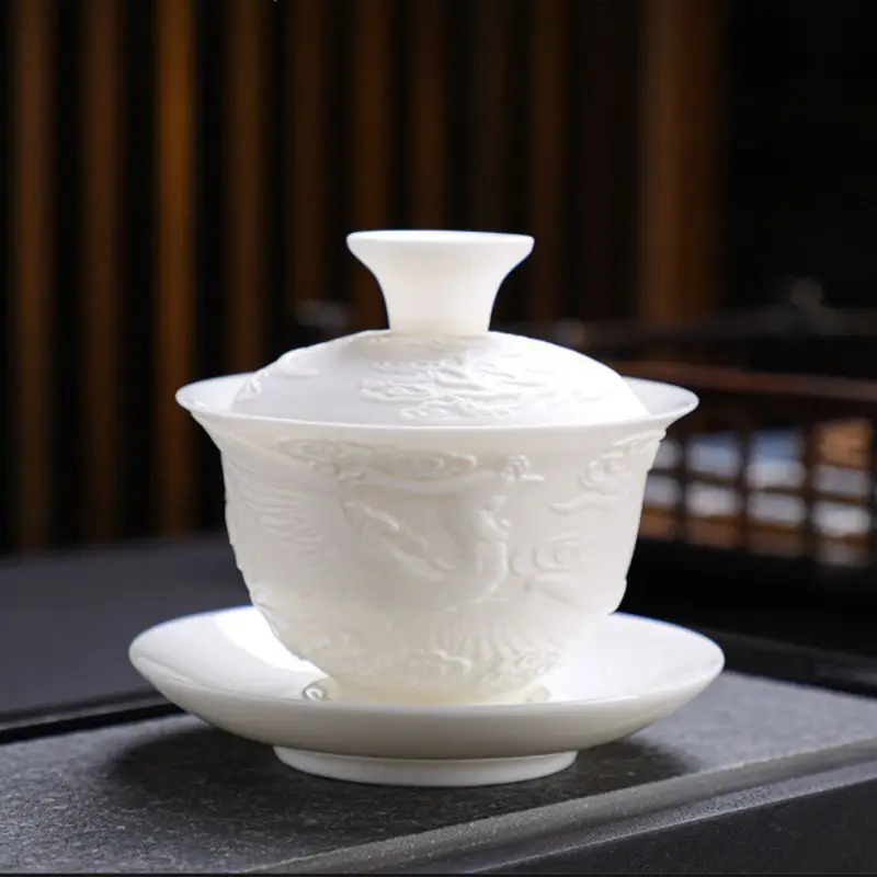 White Porcelain Kung Fu Tea Set White Jade Relief Tureen Ceramic Business Gift Simple Portable Dragon and Phoenix Cups Gaiwan