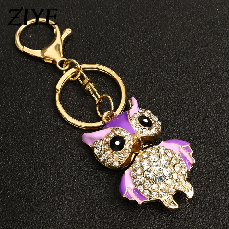 

Purple Owl Pendant Keychains Cartoon Animal Rhinestone Crystal Alloy Keyring Kawaii Refined Woman Girl Handbag Gifts Accessories
