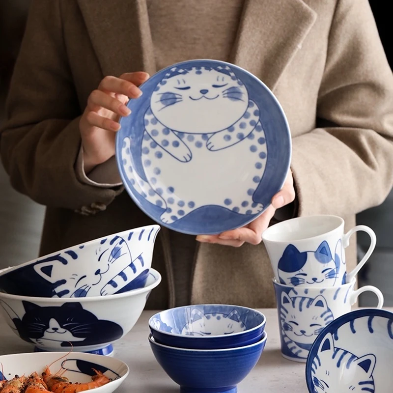 

Cute Cat Ceramic Plate Japanese Plate Blue and White Porcelain Bowl Home Creative Personality Plate Home Kitchen Tableware
