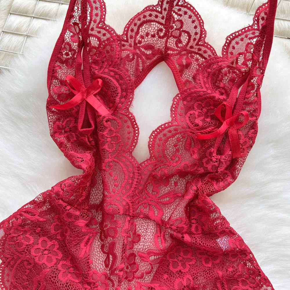 Crotchless Women Sexy Lace Bodysuits Hollow Fashion Combination Bodycon Catsuits Fashion Jumpsuits Strappy Lingerie Rompers