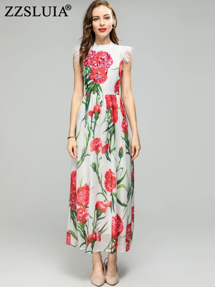 

ZZSLUIA элегантные платья для женщин гвоздики с цветочным принтом блестками дизайнерское тонкое длинное платье модные платья без рукавов с перьями
