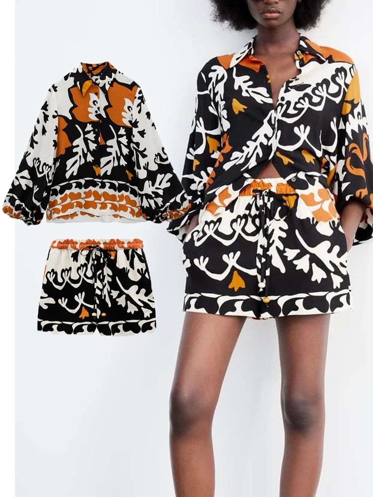 

TFMLN 2PCS 2022 Summer Women Print Blouses+Drawstring Short Set Turn Down Collar Long Sleeve Tops High Waist Dress Girl Outfits