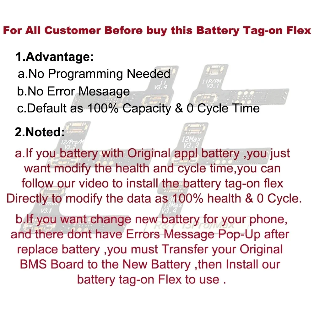Кабель-переходник SamE Pre-Programmed Battery Tag-on Flex Cable (5 шт.) для iPhone 15 ProMax 14 13 12: отображает 100% заряд, 0 циклов, без всплывающих сообщений (art.: 3920daef23968) - 3920daef23968