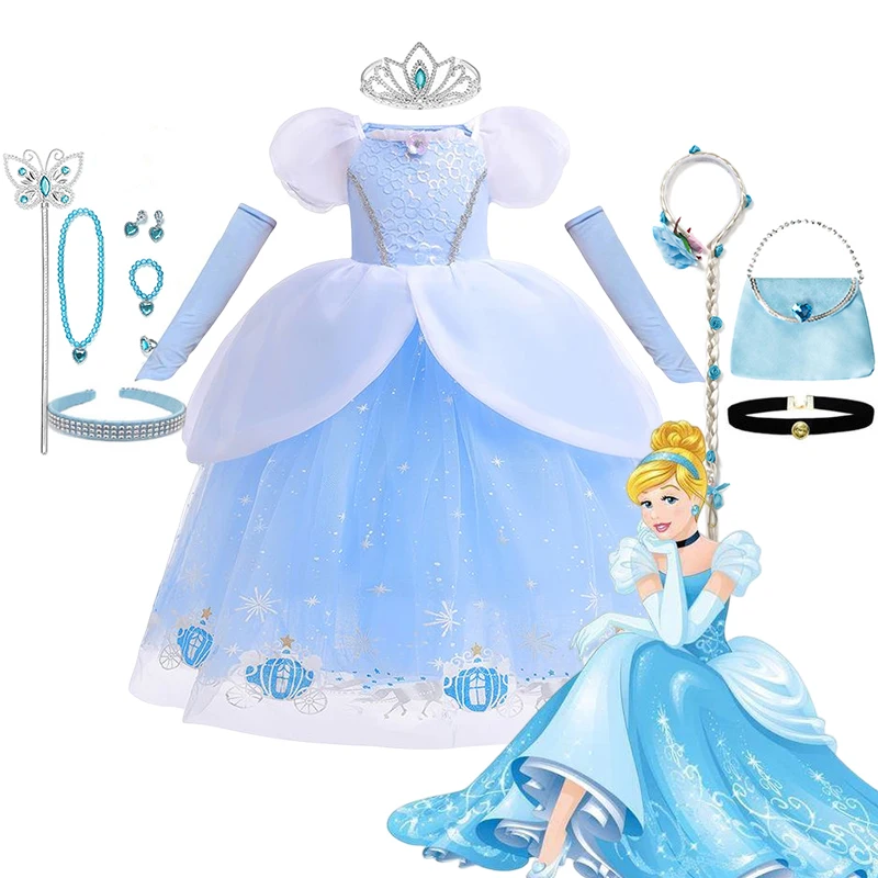 Disney Deluxe Cinderella Dresses Girls Party Princess Cosplay Clothes Children Butterfley Dress Fancy Costume Kids Outfits 2-10T