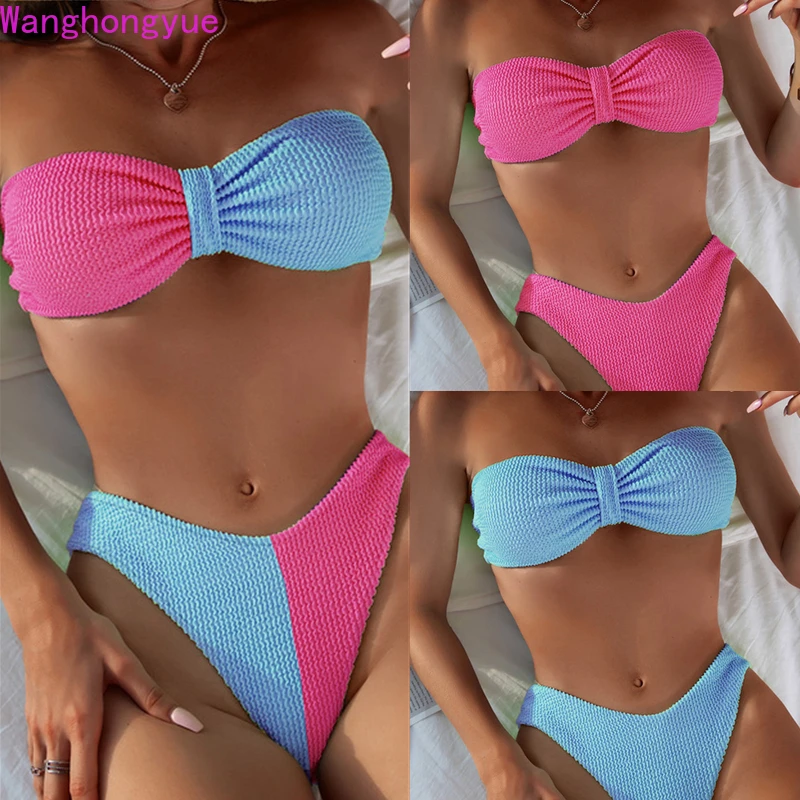 

High Waist Bikini Beach Swimsuit Sexy Swimwear Set Solid Color Female Bandeau Thong Brazilian Bathing Suit Bather Women Bikini