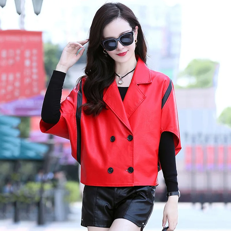 

Spring Autumn Lapel Splicing Leather Jacket 2022 New Chic Women Batwing Sleeve Soft Short Sheepskin Coat Casual Loose Outerwear