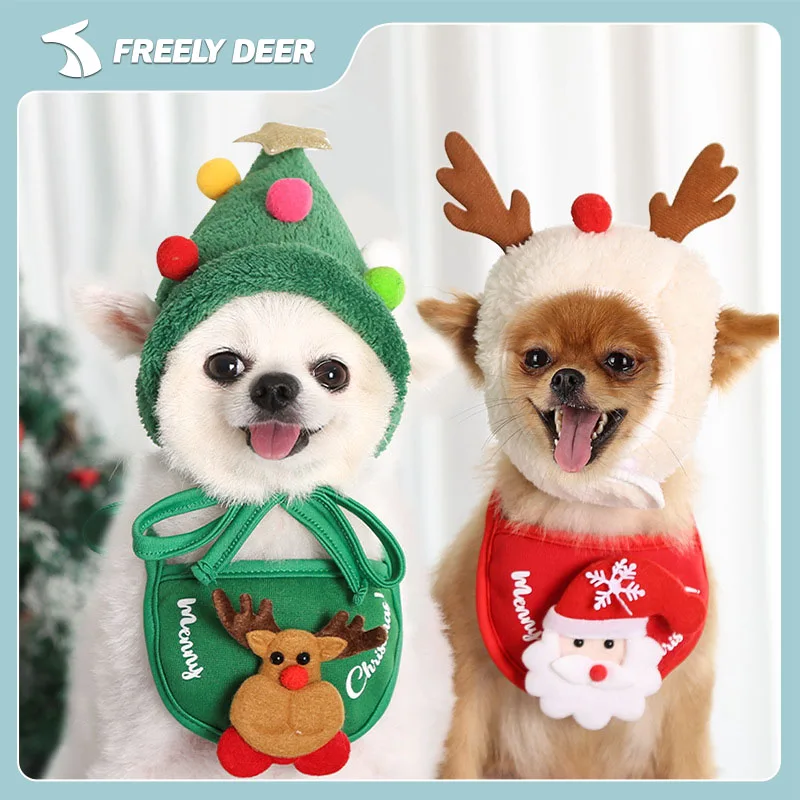 Pet Christmas Costume Hat Cute Antlers Saliva Towel for Dog Cat Dress Up Supplies Lovely Design   Winter Clothes Pet Accessory