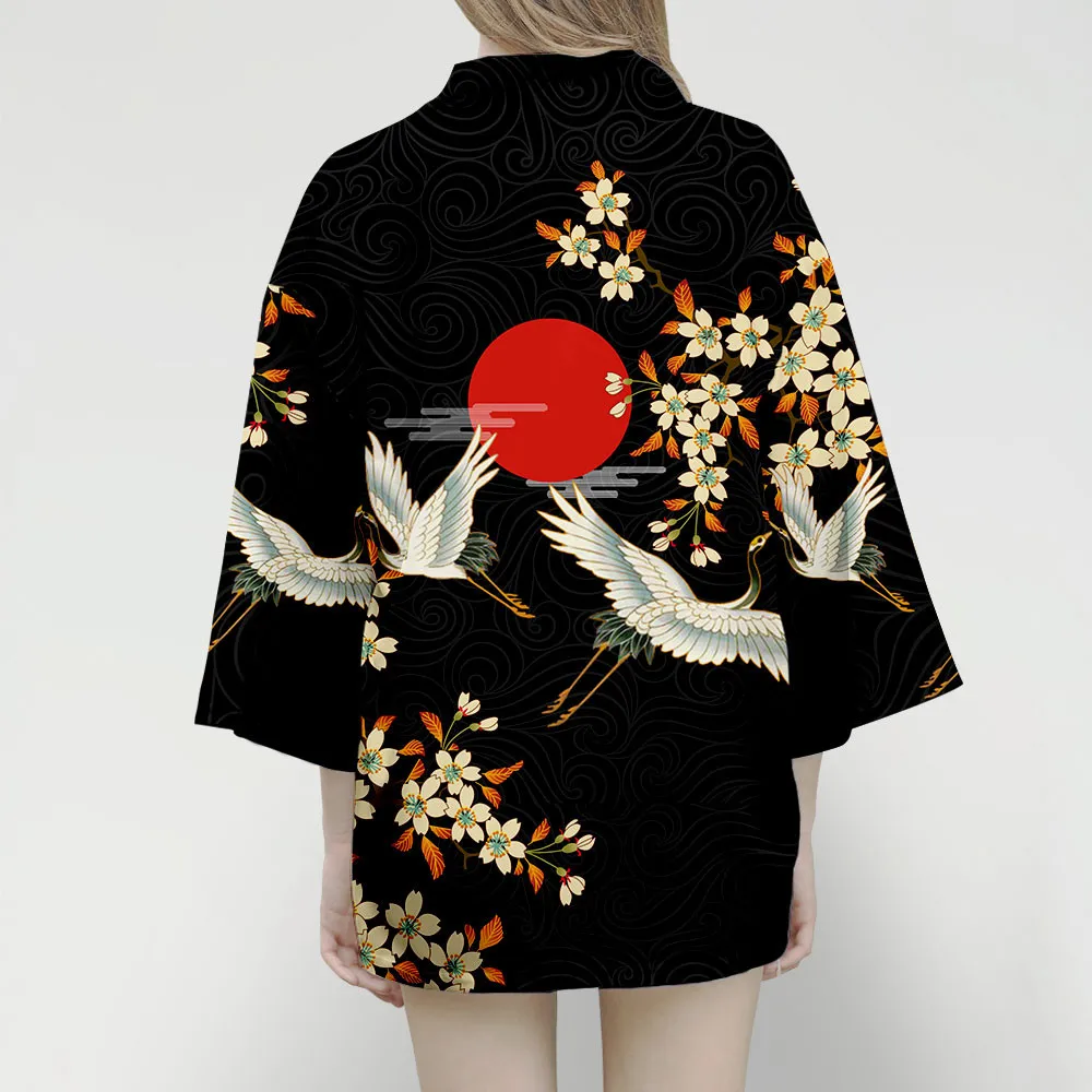

Wome Graphic kimono shirt Samurai Crane Japanese Summer Tops Streetwear Fashion Yukata Female Haori Traditional Clothes